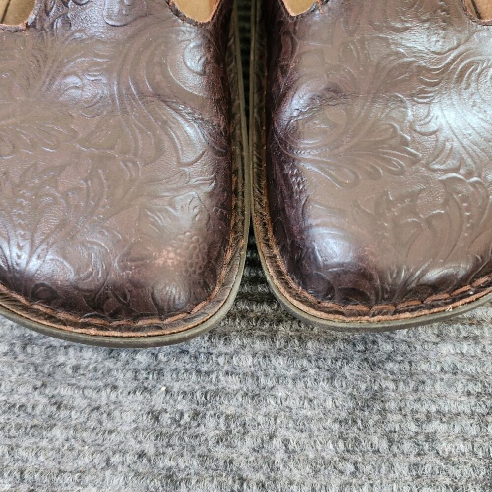 Alegria Womens Size 37 Embossed Brown Leather Classic Clogs Adjustable Buckle - Picture 7 of 11